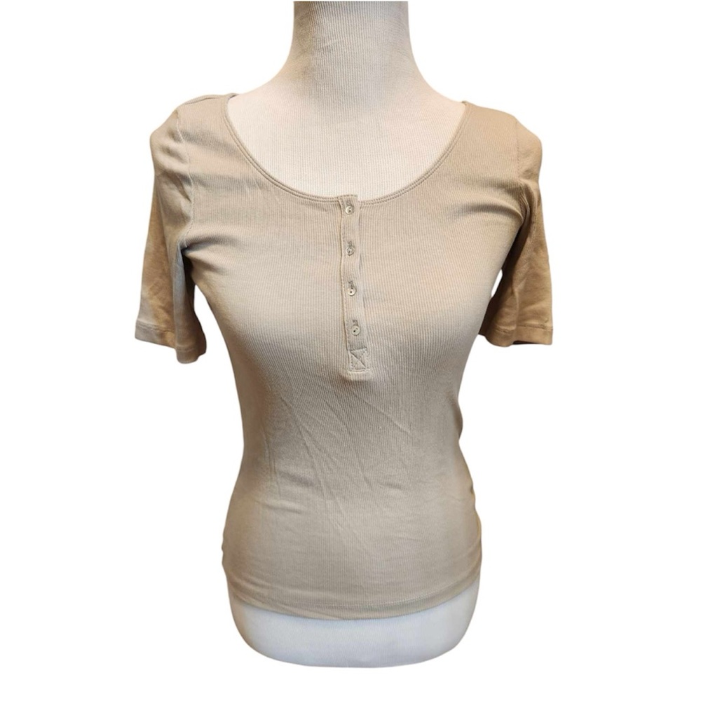 B2G1 FREE! Cream Ribbed Henley Short Sleeve Top